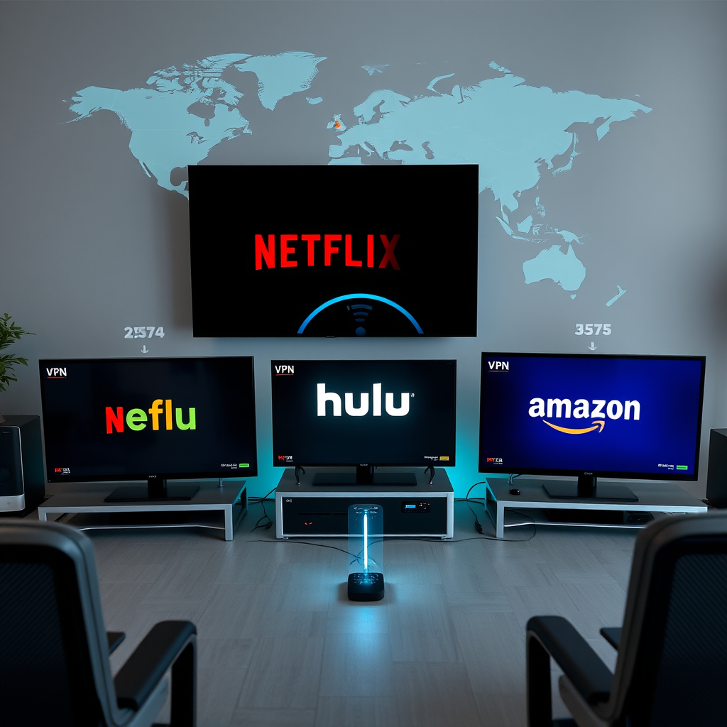 Modern streaming setup with multiple devices connected through VPN showing Netflix, Hulu and Amazon Prime logos on screens with fast connection indicators and server location map in background