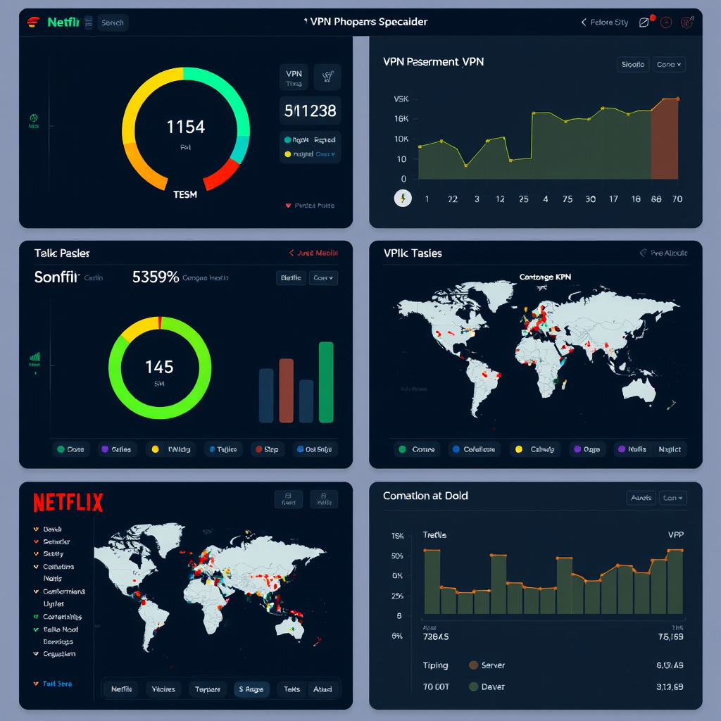 Professional dashboard showing VPN performance metrics for streaming services with speed test results, server locations map, and Netflix compatibility indicators on multiple screens
