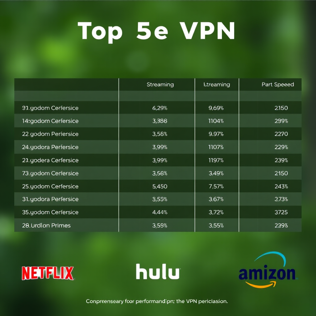 Comprehensive performance chart showing streaming speeds and server locations for top 5 VPN services with Netflix, Hulu and Amazon Prime logos
