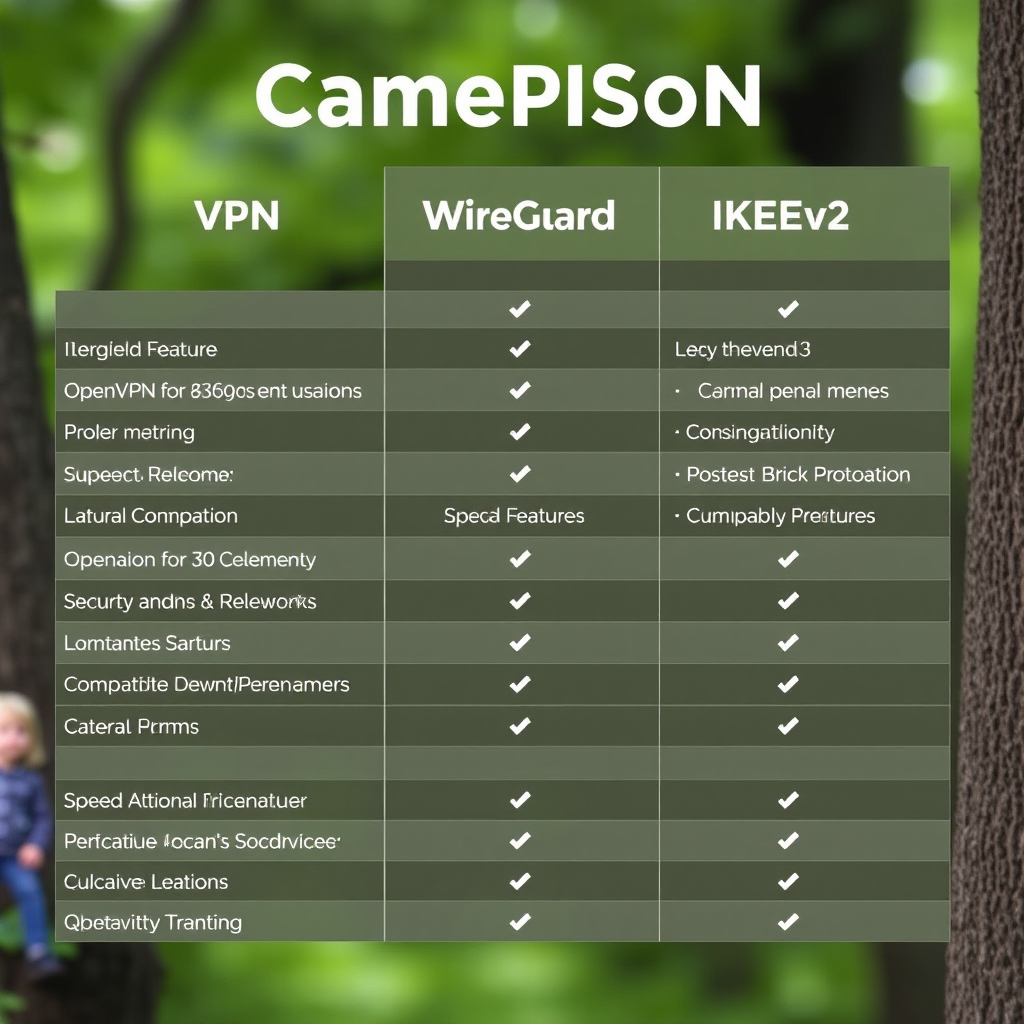 Comparison chart showing OpenVPN, WireGuard, and IKEv2 protocols with security features, speed metrics, and compatibility icons displayed side by side