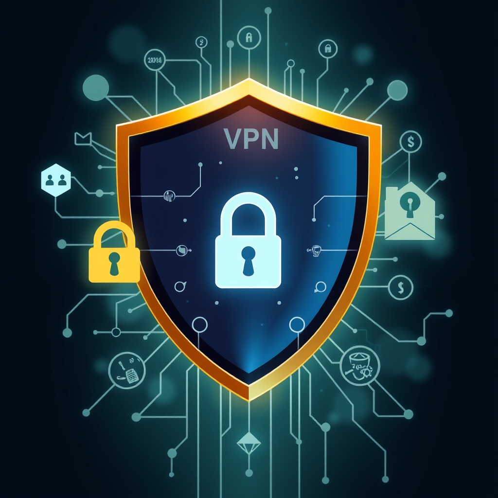 Digital privacy concept showing a shield protecting user data with VPN encryption symbols and privacy icons in a modern cybersecurity illustration
