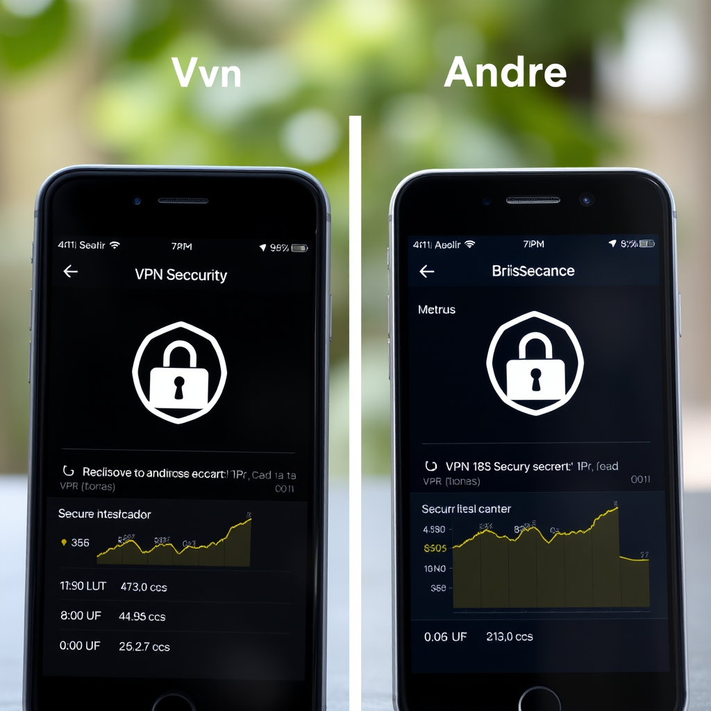 Side-by-side comparison of VPN mobile applications on iPhone and Android devices showing security interface screens and performance metrics