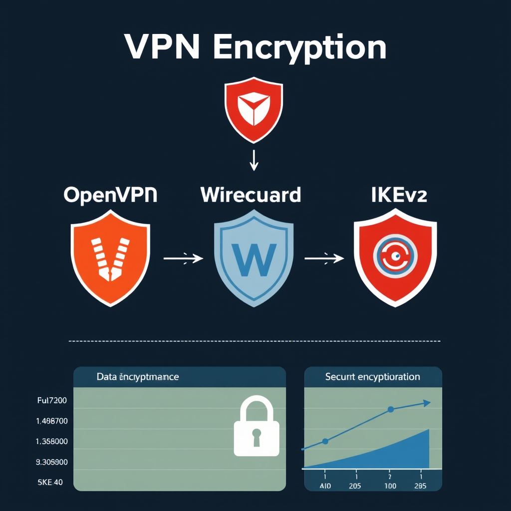 Technical diagram showing VPN encryption protocols with OpenVPN, WireGuard and IKEv2 logos, security shields, data encryption visualization and performance comparison charts