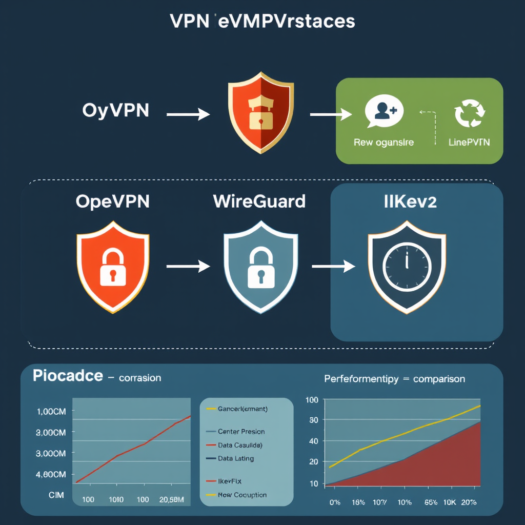 Technical diagram comparing VPN encryption protocols OpenVPN, WireGuard, and IKEv2 with security shields, data flow charts, and performance comparison graphs