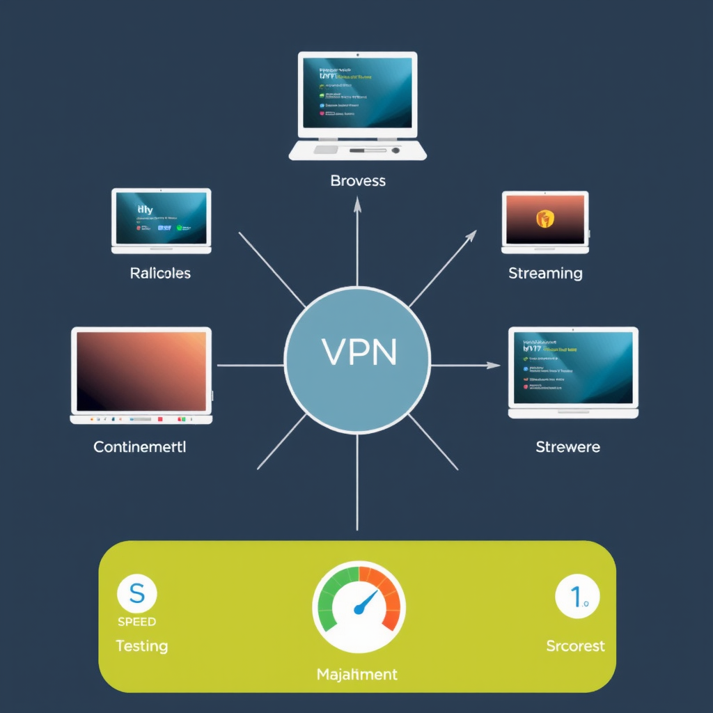 Technical diagram showing VPN testing setup with multiple devices, streaming platforms, and speed measurement tools