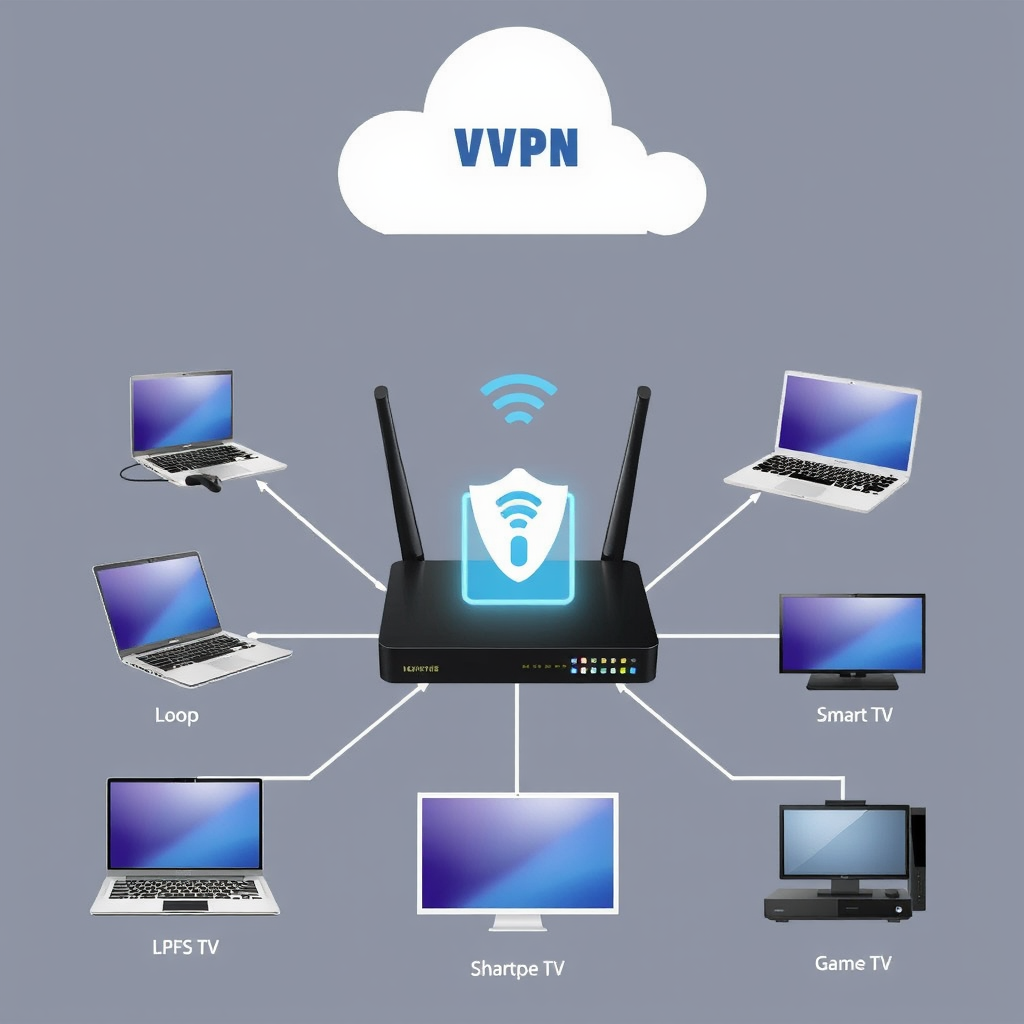 Network diagram showing router with VPN protection covering multiple connected devices including laptops, smartphones, smart TV, and gaming console