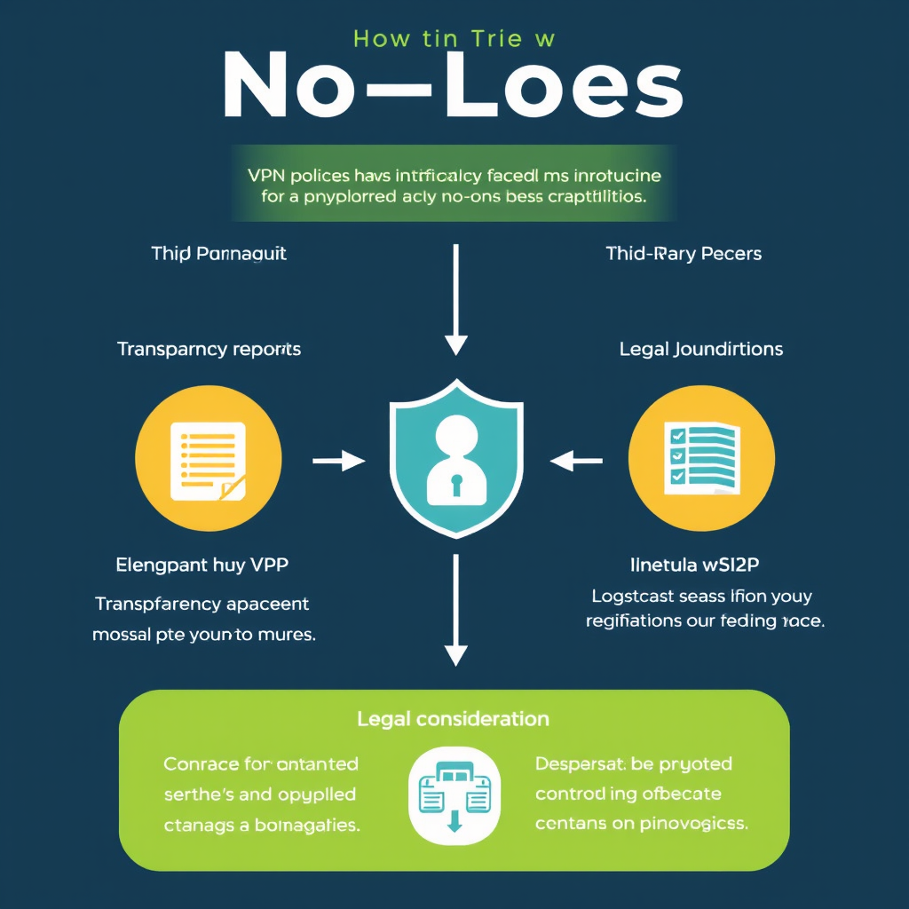Infographic showing the verification process for no-logs VPN policies including third-party audits, transparency reports, and legal jurisdiction considerations