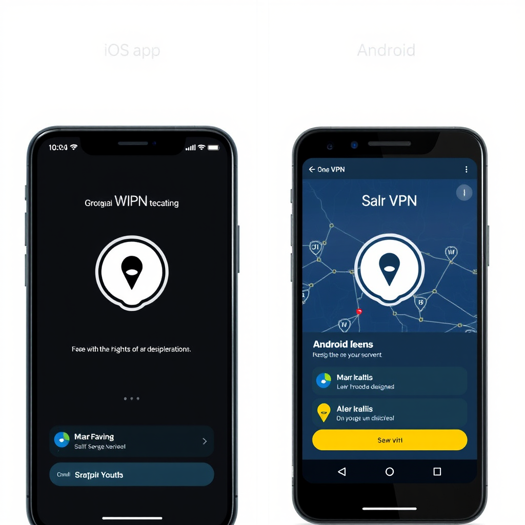Screenshot comparison showing VPN app interfaces on iOS and Android devices with different design elements and navigation patterns
