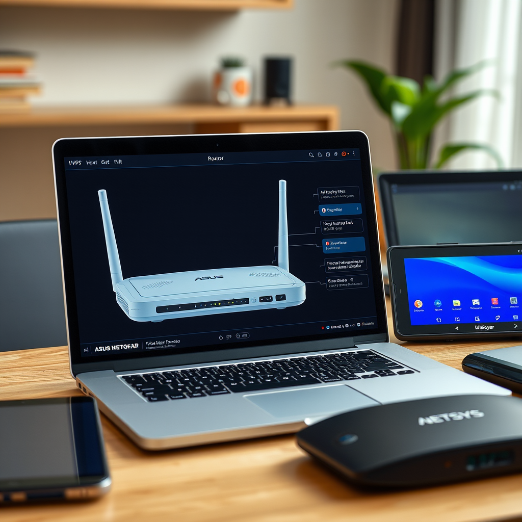 Home network setup showing wireless router with VPN configuration interface on laptop screen, multiple connected devices like smartphones and tablets, ASUS Netgear Linksys router brands visible