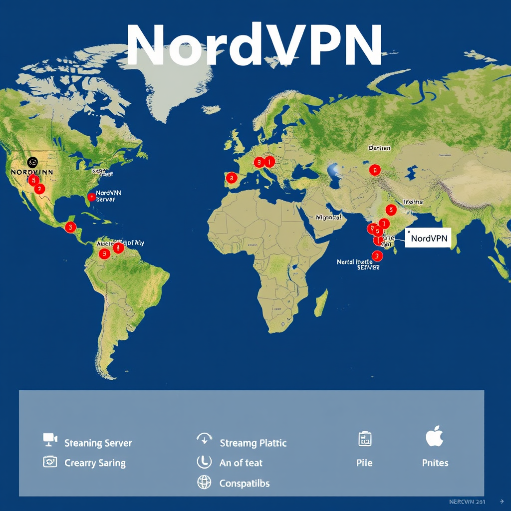 World map showing NordVPN server locations with connection speed indicators and streaming platform compatibility icons