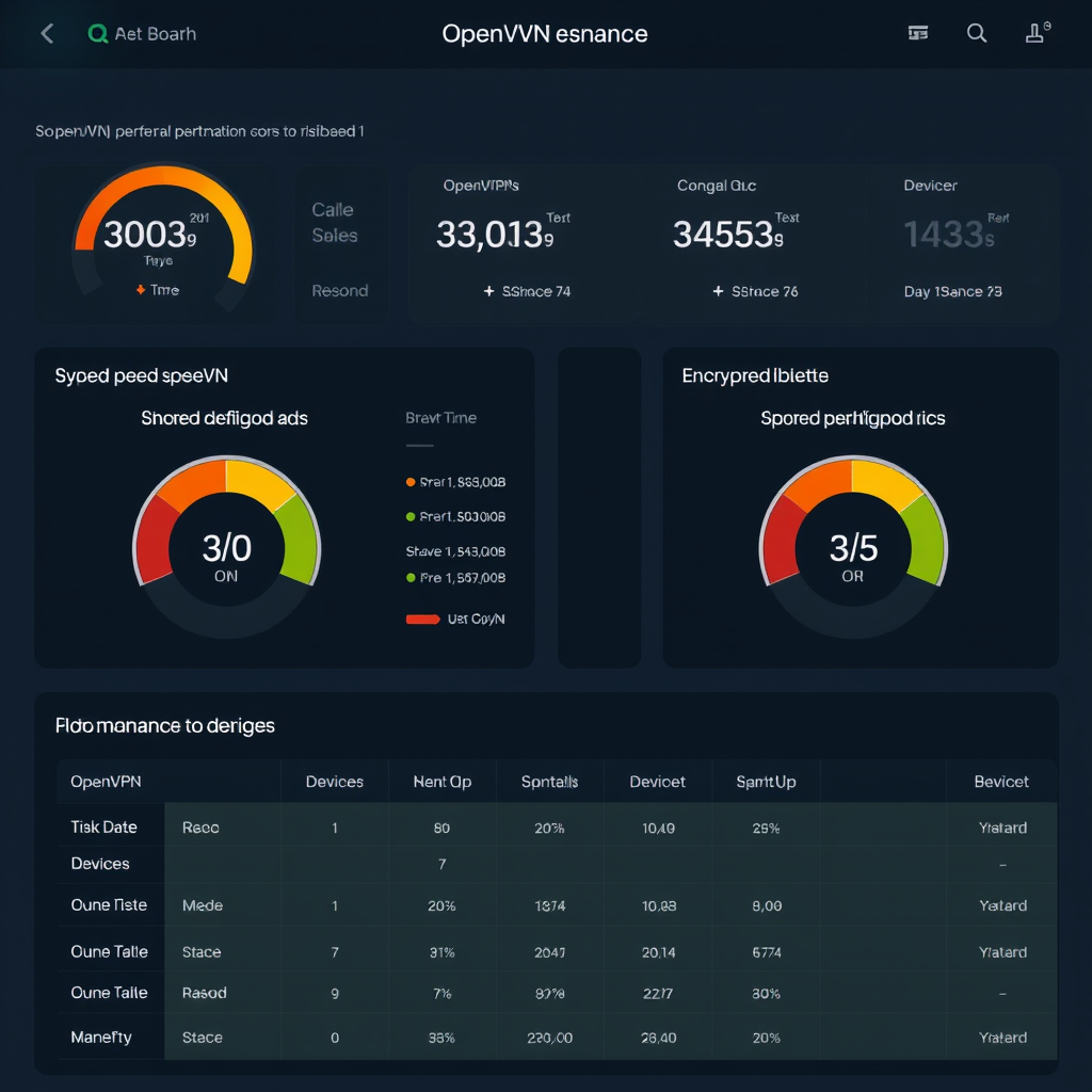 Performance dashboard showing OpenVPN speed tests, encryption strength indicators, and compatibility ratings across different devices and platforms