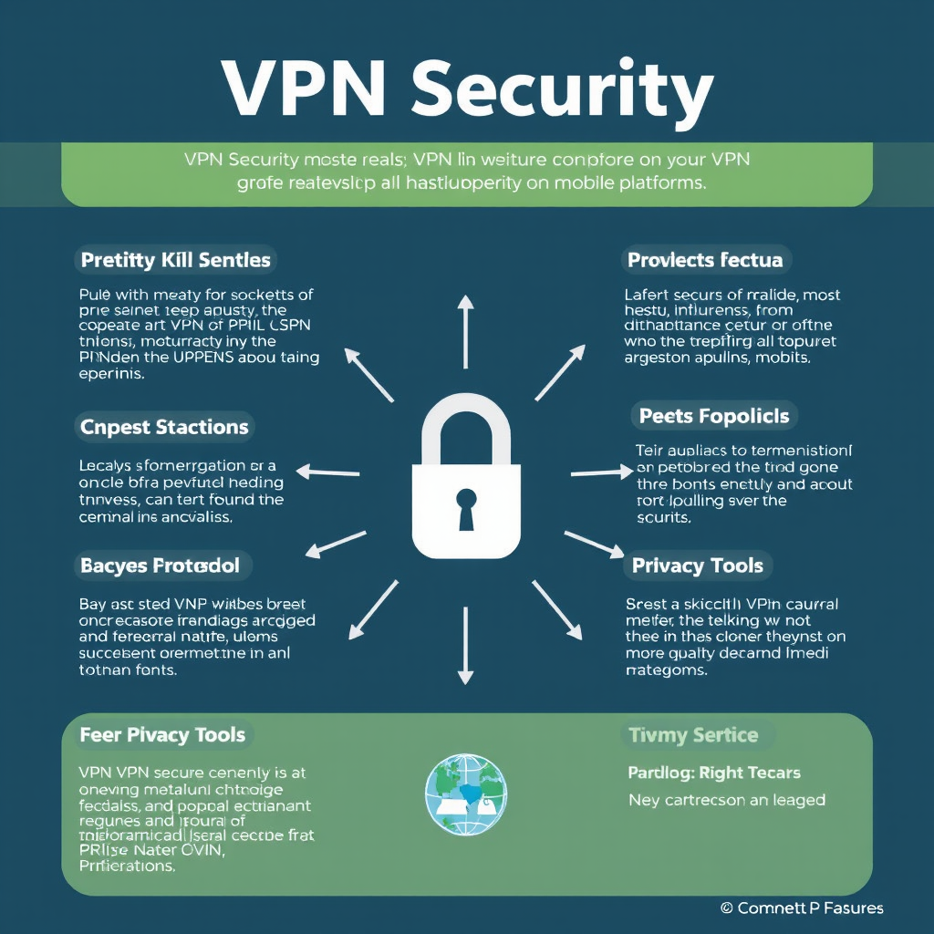 Infographic showing various VPN security features available on mobile platforms including kill switches, encryption protocols, and privacy tools