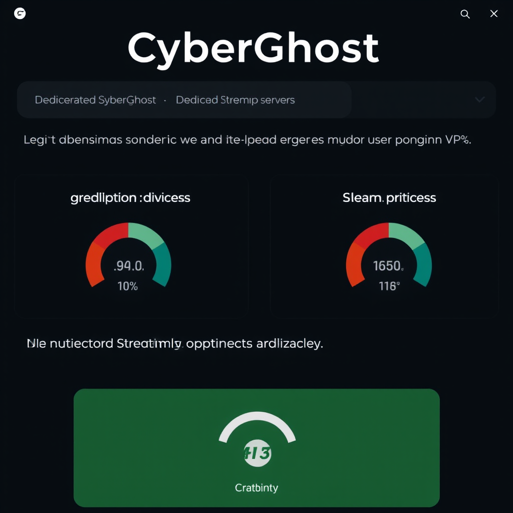 Interface screenshot showing CyberGhost's dedicated streaming servers with platform-specific optimizations and speed indicators