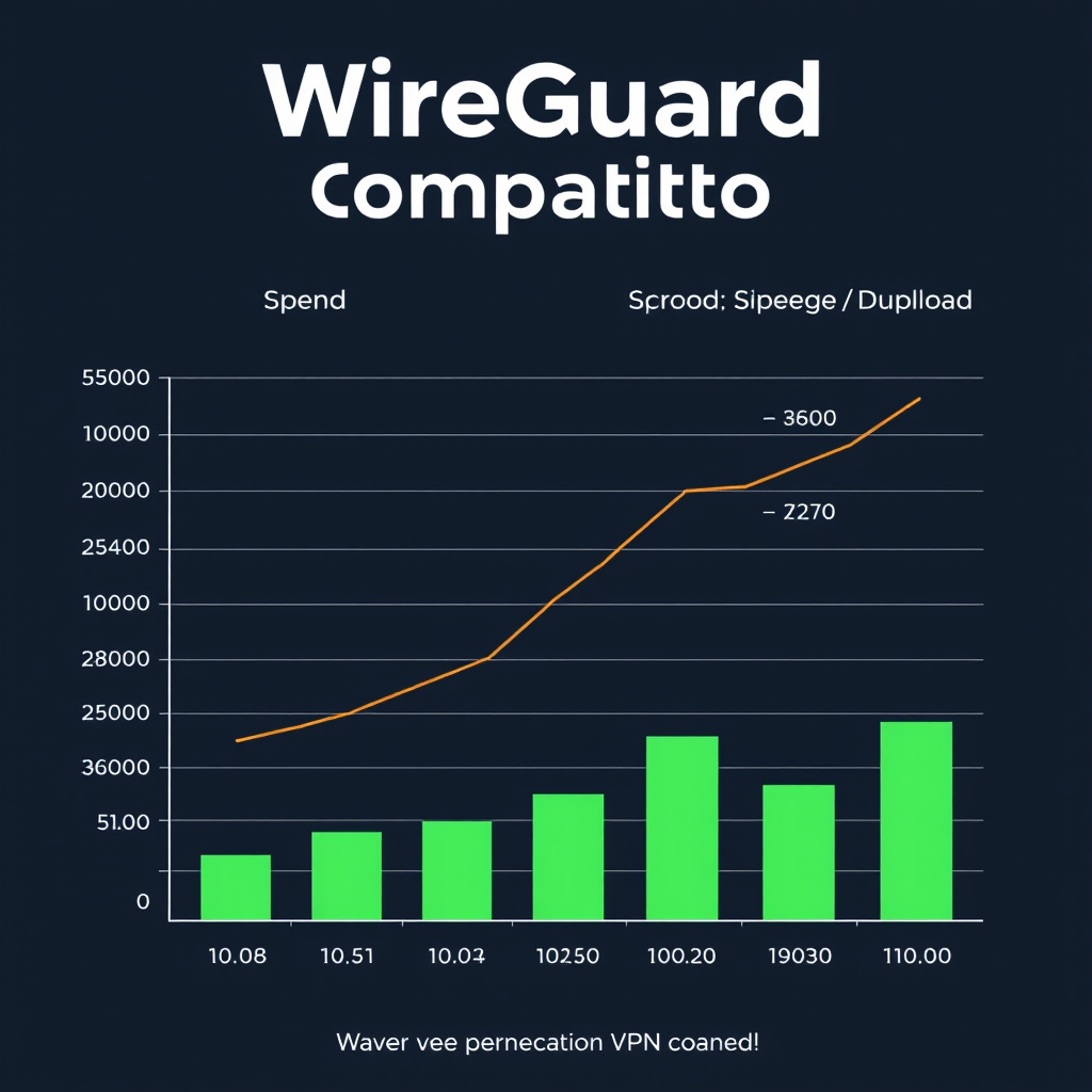 Speed comparison graph showing WireGuard performance versus other VPN protocols with download/upload speeds and ping times across different server locations