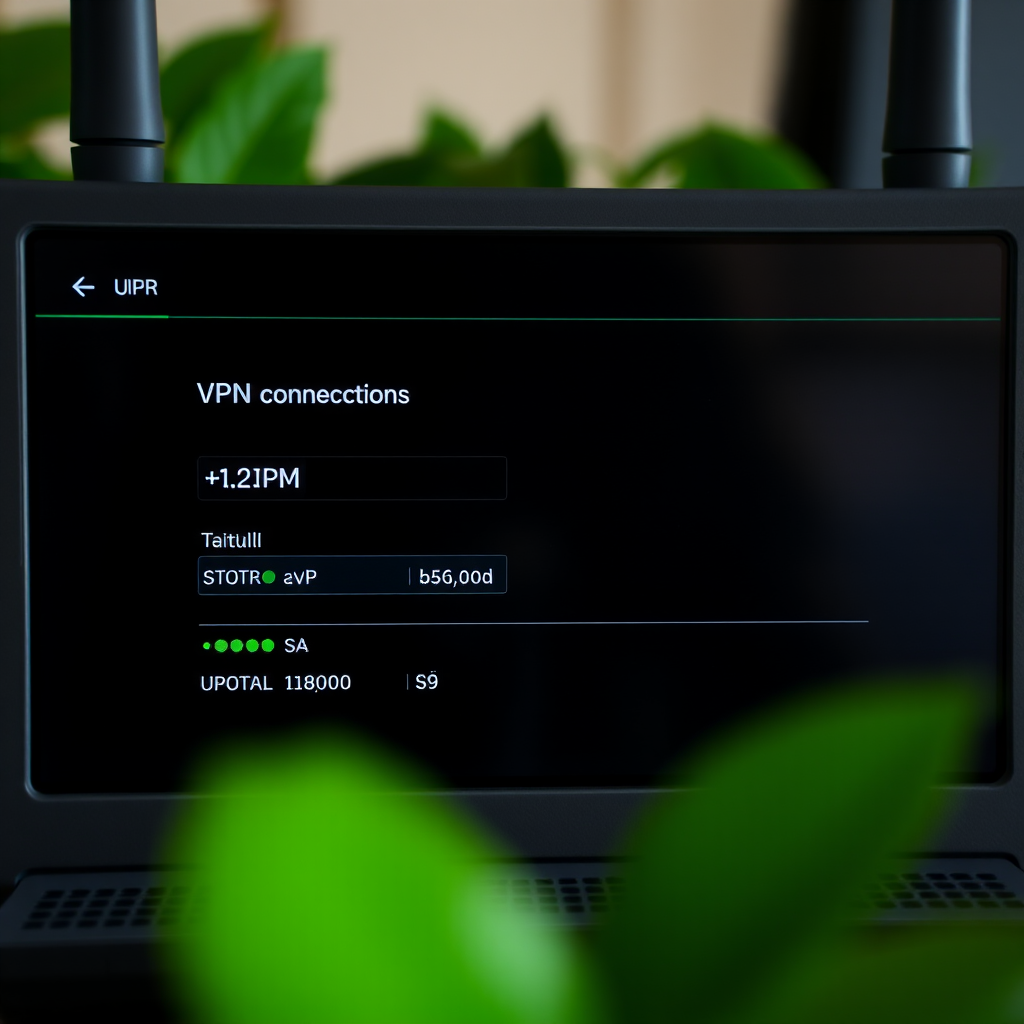 Router configuration screen showing successful VPN connection with green status indicators and connection statistics