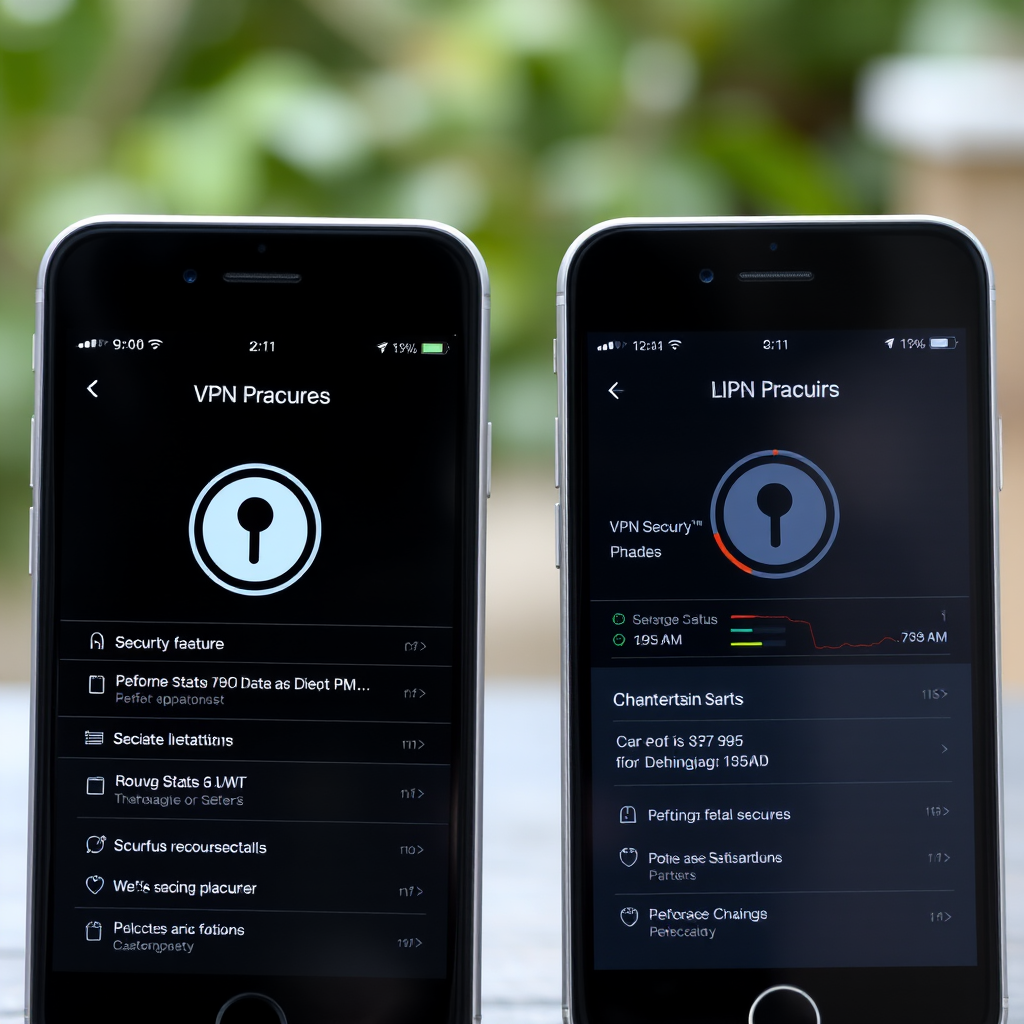 Side-by-side comparison of iPhone and Android smartphones displaying VPN application interfaces with security features, connection status, and performance metrics
