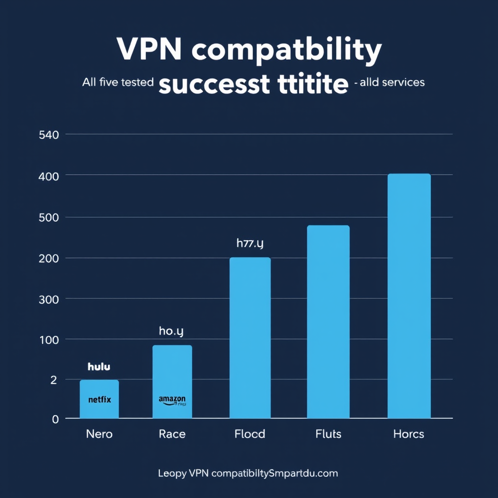 Bar chart showing VPN compatibility success rates for Netflix, Hulu, Amazon Prime, Disney Plus and HBO Max across all five tested services