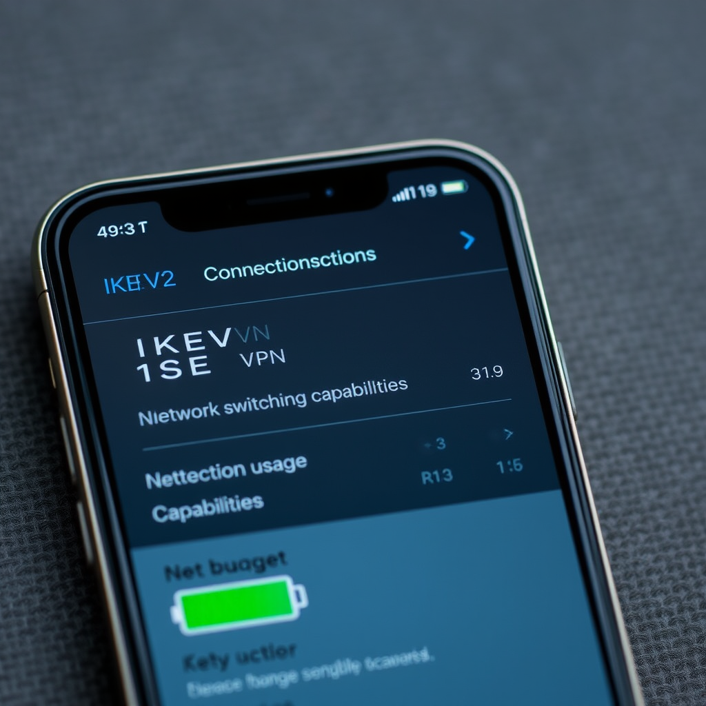 Mobile device screen showing IKEv2 VPN connection stability metrics, network switching capabilities, and battery usage statistics on smartphone interface
