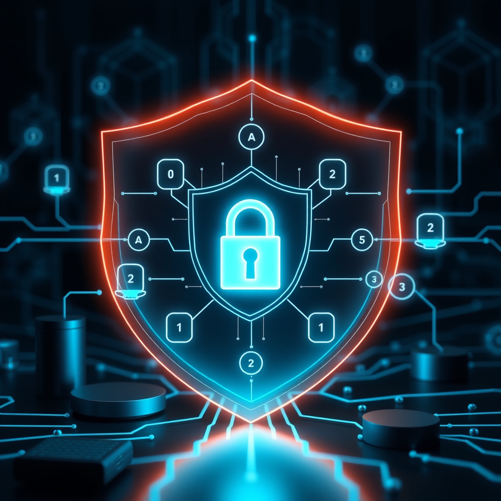 Digital security shield protecting home network with multiple connected devices showing encrypted data transmission