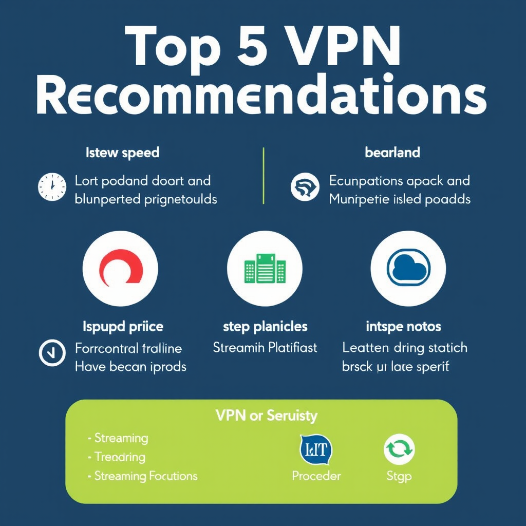 Infographic summarizing the top 5 VPN recommendations with icons showing speed, price, and streaming platform compatibility for each service
