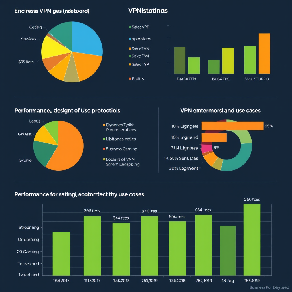 Pie chart and bar graphs showing VPN protocol usage statistics, user preferences, and performance ratings based on different use cases like streaming, gaming, and business